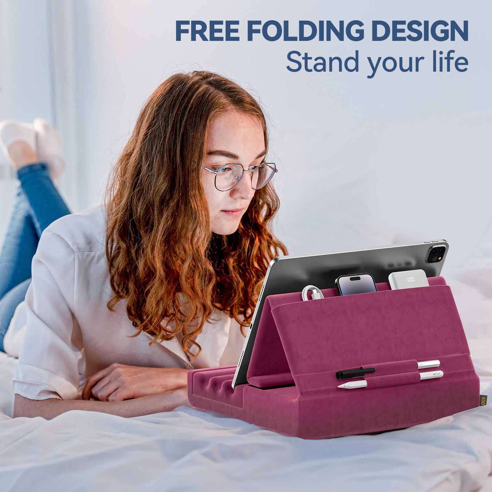 KDD Tablet Pillow Holder Foldable iPad Stand for Lap Bed and Desk Tablet Soft Pad Dock with Pocket & Stylus Mount For iPad Pro