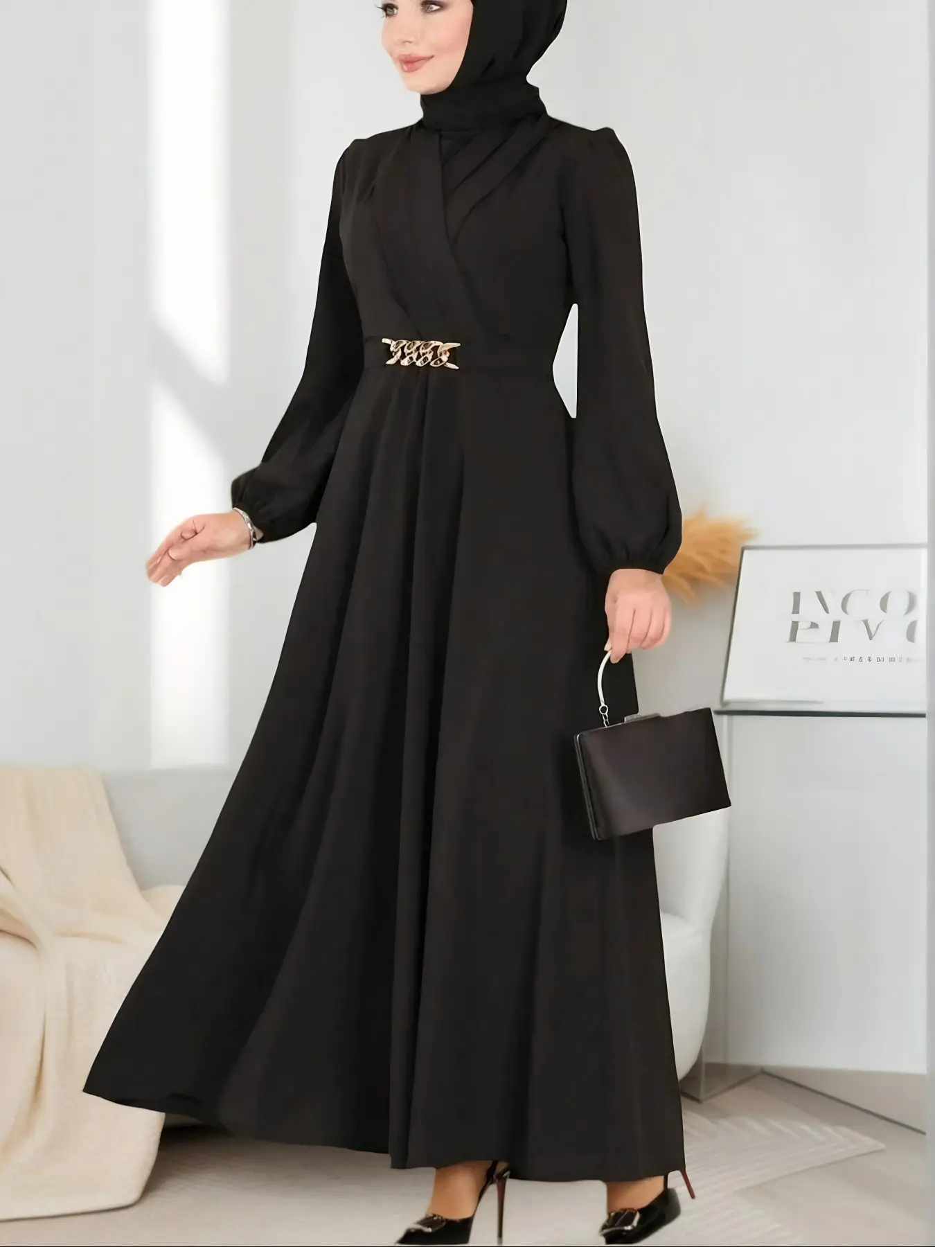 Elegant Women's Fashion Lantern Sleeve Dress, Asymmetrical Hem Long Robe, Casual Loose Fit Woven Fabric, All Seasons Wear