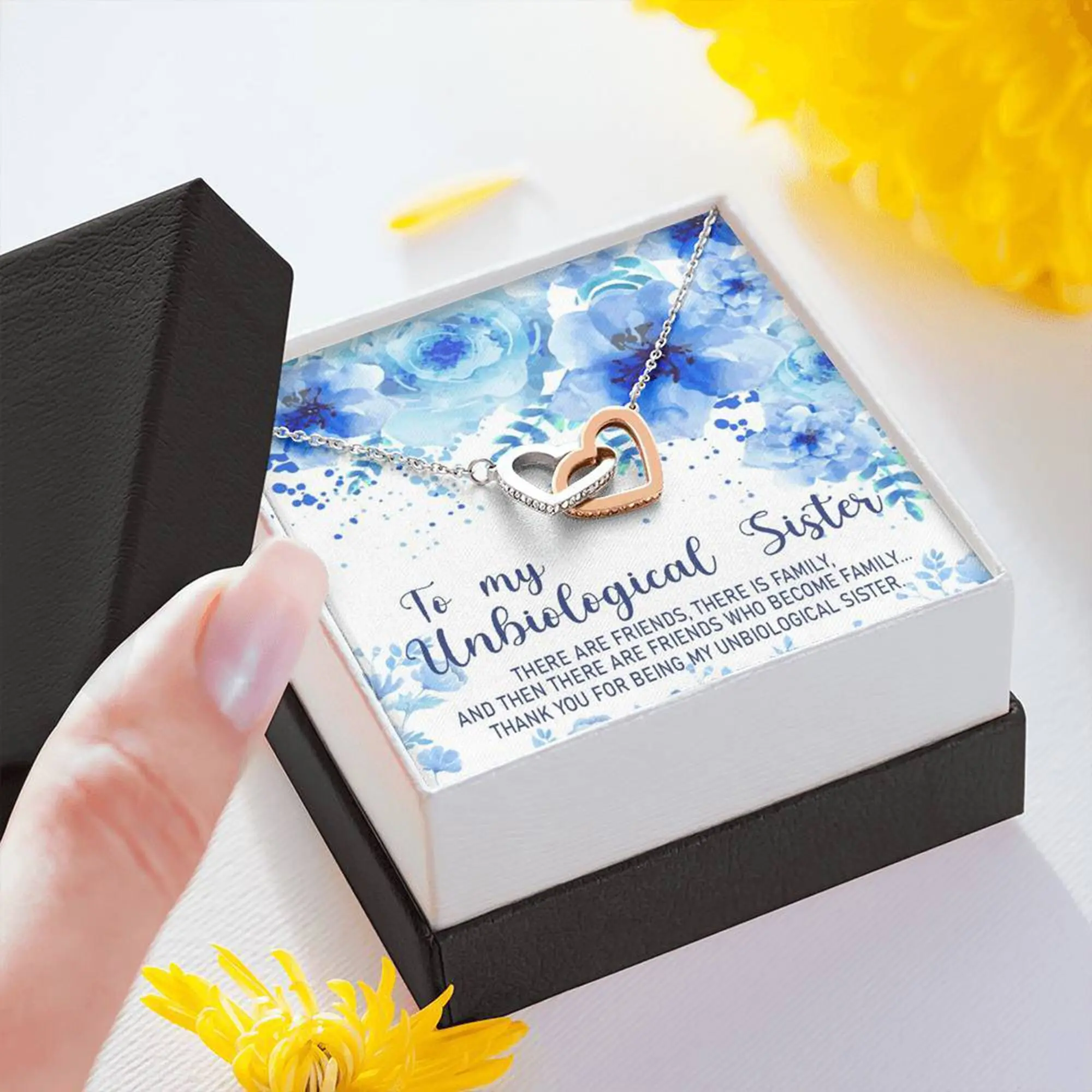 Unbiological Sister Gift Interlocking Hearts Necklace, Best Friend Jewelry, Long Distance, Quotes, Friends Forever, Christmas Gift gift idea, Birthday Gift Box, New Year Gift. To my Family, Friend Message Card Necklace. Gift message