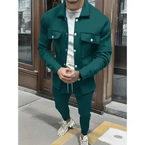 Men's Fashion Solid Color Pocket Open Button Collar Jacket and Solid Color Tethered Pants Set