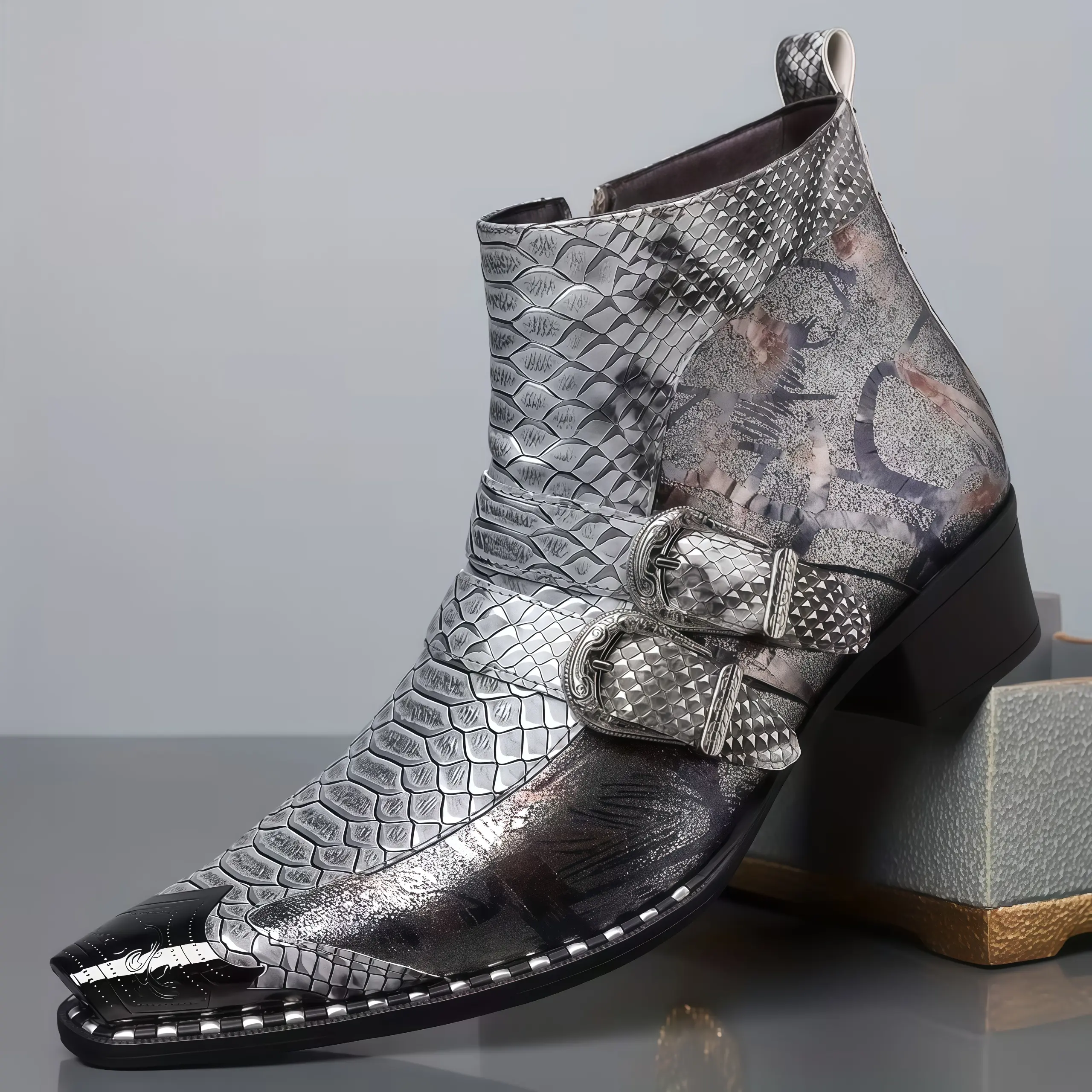 Men's Chic Pointed-Toe Ankle Boots, Shiny Snake-Print Party Shoes with Metal Buckle Decor & Side Zipper