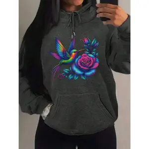 Women's Hummingbird, Rose Flower Graphic Hoodie - Long Sleeve Pullover Regular Fit | Soft & Breathable Fabric, Durable Print, Everyday Comfort, Machine Washable, casual fashion daily wear
