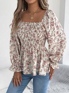 women's ditsy floral print long sleeve blouse, casual classy fashion top for daily holiday vacation wear, women clothing for spring & fall, summer, bohemian womenswear, boho clothes, lady peplum tops, casual printed