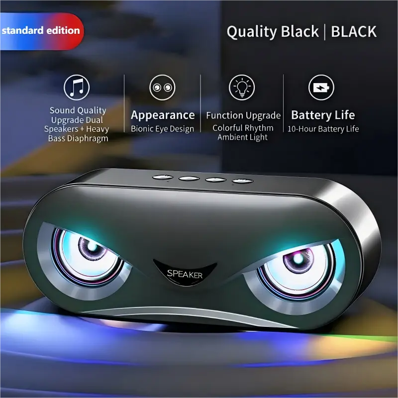 2026 New Portable Bluetooth 5.0 Speaker with Voice Control, High Volume, Bionic Eye Design, Multi-Color Ambient Lighting, USB-C, TF Card, AUX Support, Long-Life Battery, Enhanced Dual Speakers, Subwoofer, HiFi Sound (Black, White) - for Smartphones