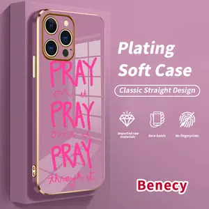 Electroplating Phone Case for iPhone 17 15 Pro Max Air 16 14 Plus 13 12 11 Just Pray Patterned Classic Square Design Non Slip TPU Soft Shell