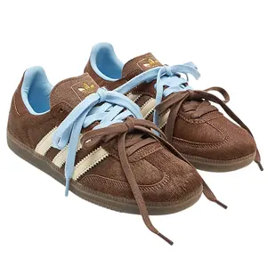Adidas Samba OG Dark Brown Cream Blue Pony Hair Women's Rubber-Toe Casual Trainers - Authentic, Mushroom Floral Embroidered, Everyday Comfort Athletic Mid-Top Shoes