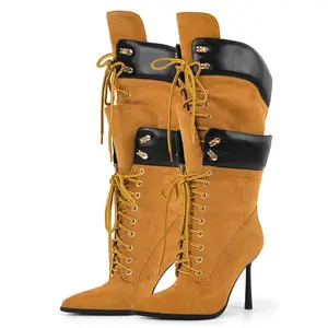 Onlymaker Women Pointed Toe Double Stiletto High Heel Lace Up Mid-Calf Boots Girl Footwear Shoe Bathroom Brown