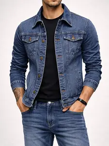 ESDVQ Men's Denim Jacket - Longsleeves, Vintage Washed Cotton Blend, Plain, Multi Pockets, Medium Length, Regular Fit, Retro Vibe Menswear Top for Daily Casual Streetwear