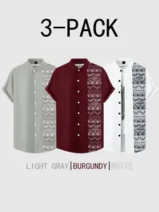 Men's Aztec Geometric Pattern Stand Collar Short Sleeve Shirt, Casual Button Summer Top, Hawaiian Shirt for Streetwear, Vacation, Beach, Daily Wear