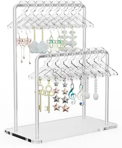 Clear Acrylic Earring Organizer Stand for Home Store Exhibition Mirror-Finish 2-Tiered Display for 48 Pairs 16 Mini Hangers Holder Tangle-Free Storage Adds Elegance to Jewelry Presentation