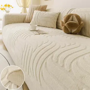 Solid Color Non-Slip Couch Cover — 1 Count Plush soft Sofa Cover, cream wavy texture, pet-friendly, machine washable, anti-scratch sofa protector; fits 1/2/3/4-seater & sectional/L-shape/chaise, thickened soft living-room slipcover.