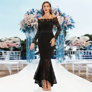 Women's Spring Summer Fantasy Sexy Elegant Off Shoulder Black Mermaid Maxi Long Wedding Dress Bridal Evening Dress Long Sleeve Cocktail Party Lace Dress