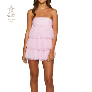 Women's Tube Top Dress Strapless Solid Color Ruffle Hem Mini Party DressFit Tiered Dress Casual Elegant