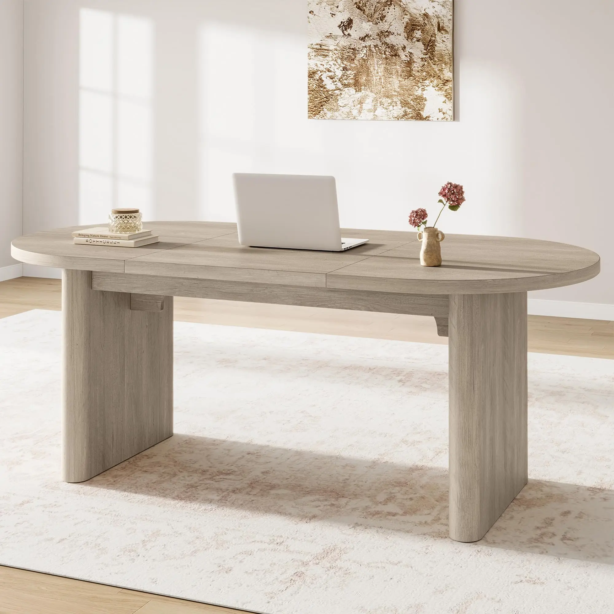 Garvee 70.8" Oval Farmhouse Dinner Table - Dining Room Table, Modern Style, Sturdy Wooden Double Pedestal, Water-Resistant Gray Tabletop, Indoor Use for 6-8 Seated, Ideal for Home/Office, Seated 6-8
