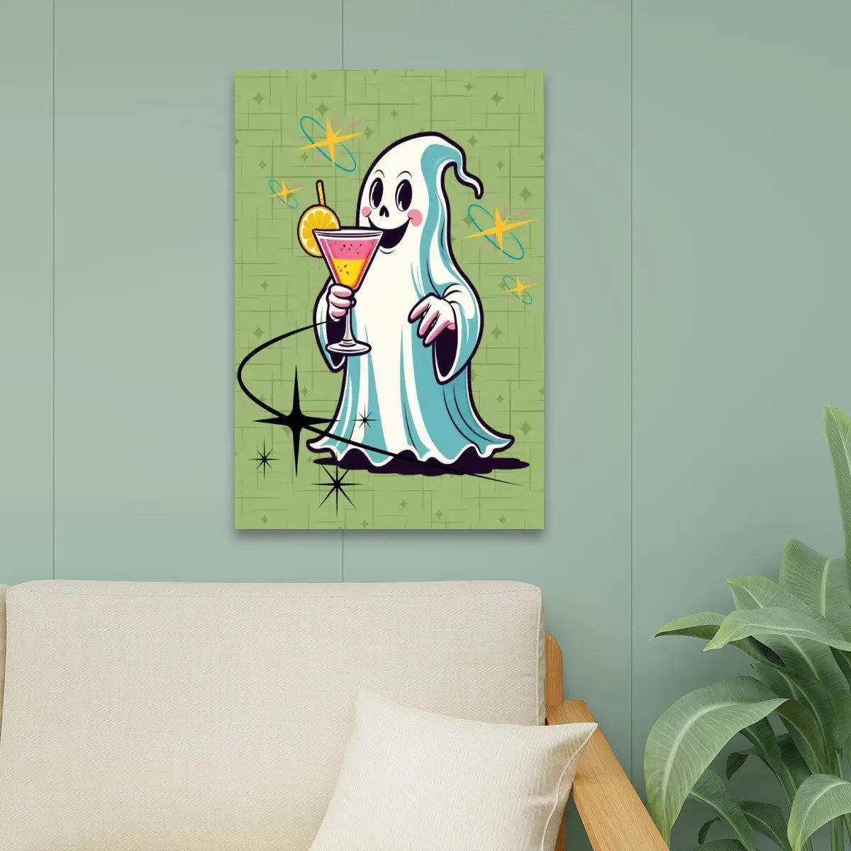 Kitschy Retro Ghost Cocktail Hour, Mid Century Modern Wall Art, Green Starbursts Design