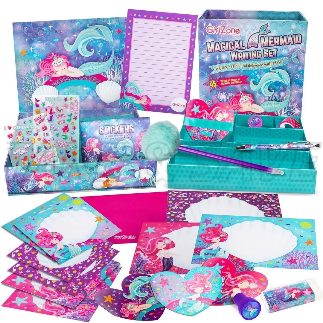 Mermaid Stationery Set for Kids - 45-Piece Deluxe Letter Writing Kit & School Supplies - Includes Decorated Envelopes, White Paper, Stickers & Pens - Magical Mermaid Writing Set Gift for Girls, Pen Pal Kit, Arts and Crafts Activities, Birthday Gift Idea