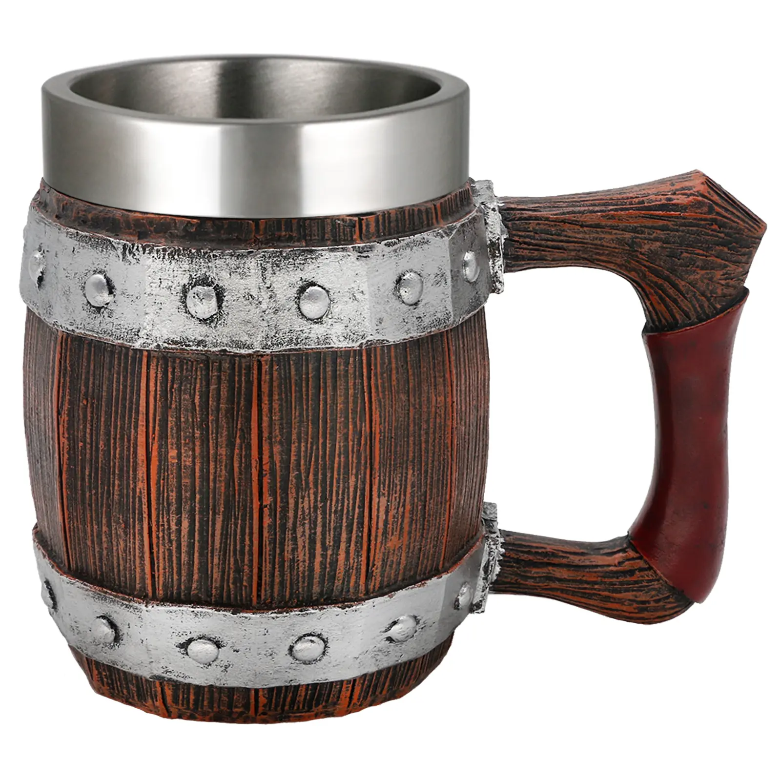 Viking Wooden Barrel Coffee Mug - 21oz Stainless Steel Double Wall Heavy Mug Norse Handle Tankard Gifts for Men Medieval Drinking Cup, Cool Beer Stein for Home Bar Viking Decor