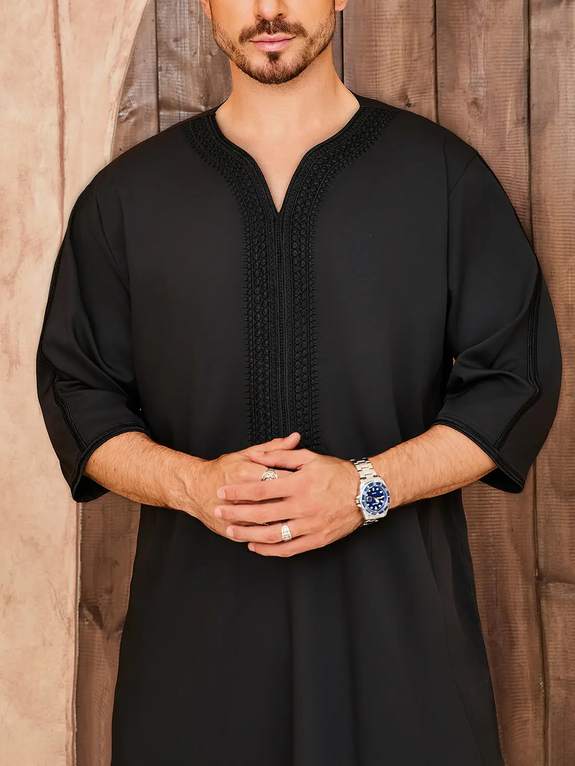 Men's Moroccan Thobe - Black Loose Fit Islamic Kaftan with Half Sleeves & Pocket, Traditional Robe for Eid & Everyday Wear