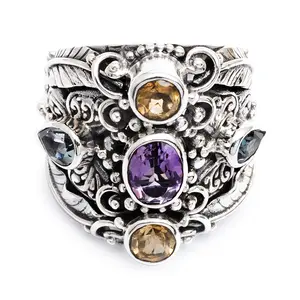 NOVICA Artisan Handmade .925 Sterling Silver Amethyst and Blue Topaz Balinese Cocktail Ring from Indonesia, 'Butterfly Queen'
