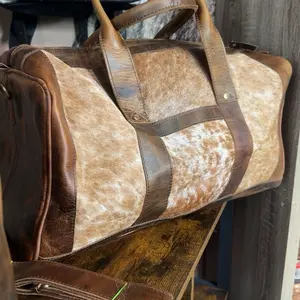 Hair on Hide Duffle Carry On - Brown & White Patterned Travel Bag with Leather Handles