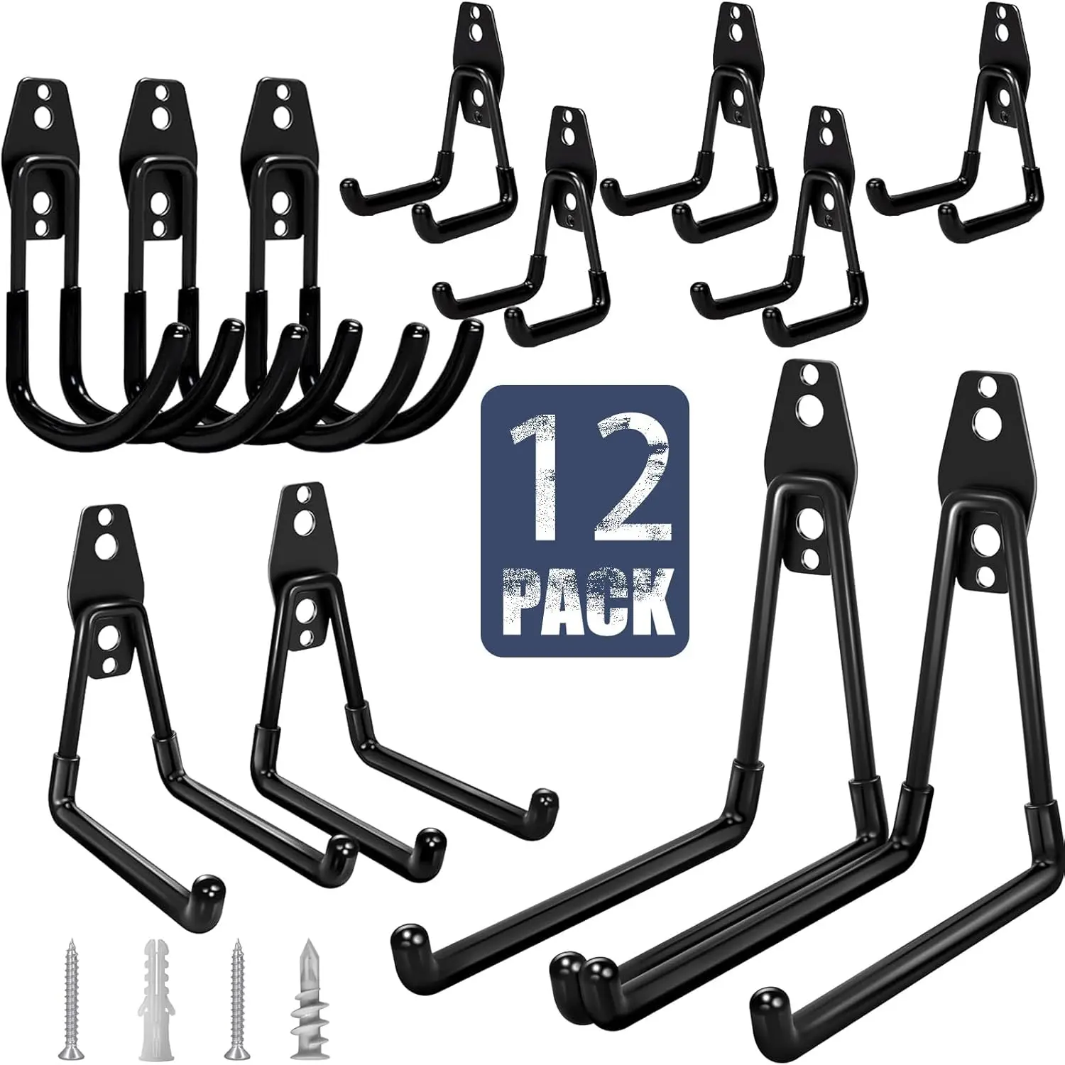 Heavy Duty Metal Garage Hooks, 12-Pack Anti-Slip Coating Durable Organizational Hooks with Strong Hold for Hanging Bulky Belongings, Bike, Ladder, Metal Hooks, Wall Mounting