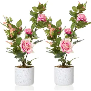 Garvee Artificial Rose Tree 54 cm, 2 Pieces Artificial Tree with Natural Trunk in Pot, Artificial Flower Artificial Plant Indoor Plant Decorative Plant for Home Office