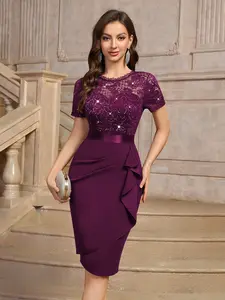 Miusol 54463A Women's Contrast Lace Sequin Insert Ruffle Trim Ruched Wrap Hem Bodycon Dress Elegant Sleeve prom 2025 dresses formal wedding guest dress cocktail dress Evening Slit