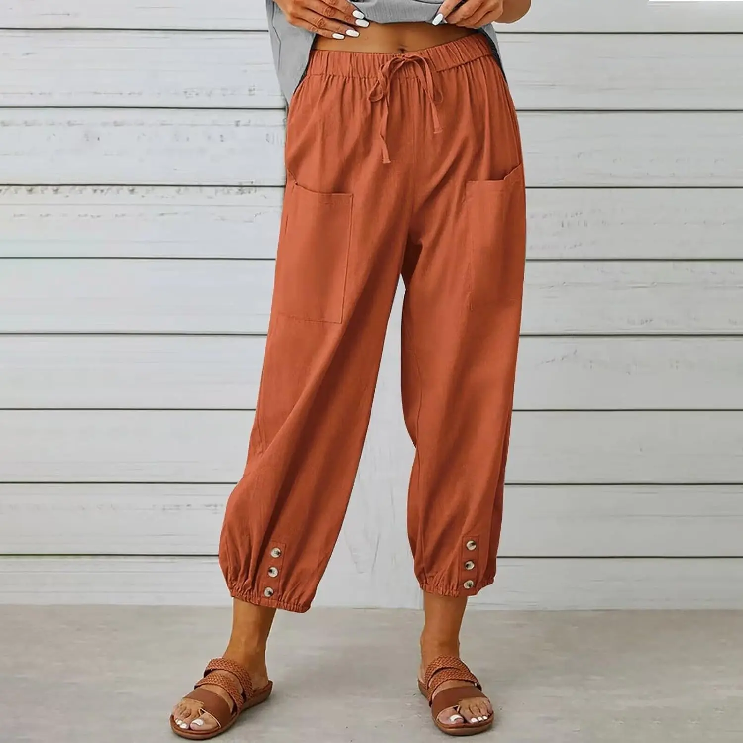 Larmliss Women's Capri Pants High Waist Drawstring Cinch Bottom with Button Cotton Loose Casual Trouser with Pockets