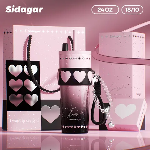 [Sidagar] 24oz Tumbler Water Bottle Cup For Women, Heart Silicone Band With Bracelet Charm, 316L Stainless Steel Ceramic-Coated Interior, Leak-Proof Straw Lid, Portable Drinkware Flask, Wide Mouth Easy Clean, Fits Car Cup Holder, Gift