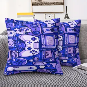 Video Game Throw Pillow with Digital Print, 45cm Square Includes Pillow Insert, Featuring Vibrant Blue & Purple Game Controllers, Console Designs, and Whimsical Game Icons, Perfect for Gaming Rooms & Sofas, Soft Comfortable Decor