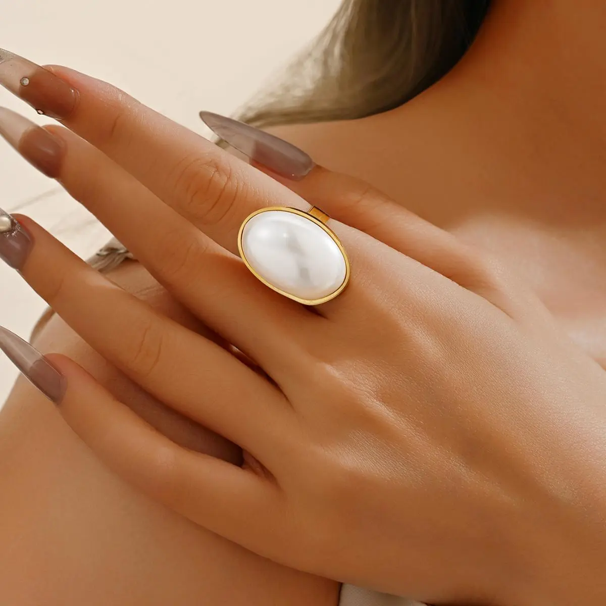 Women's Classic Retro Faux Sparkly Dainty Pearl-Embellished Oval Stainless Steel Open Mouth Ring, Fashion Rings, Mother's Day Gift, Wedding & Banquet Accessories, Pearl Rings Women