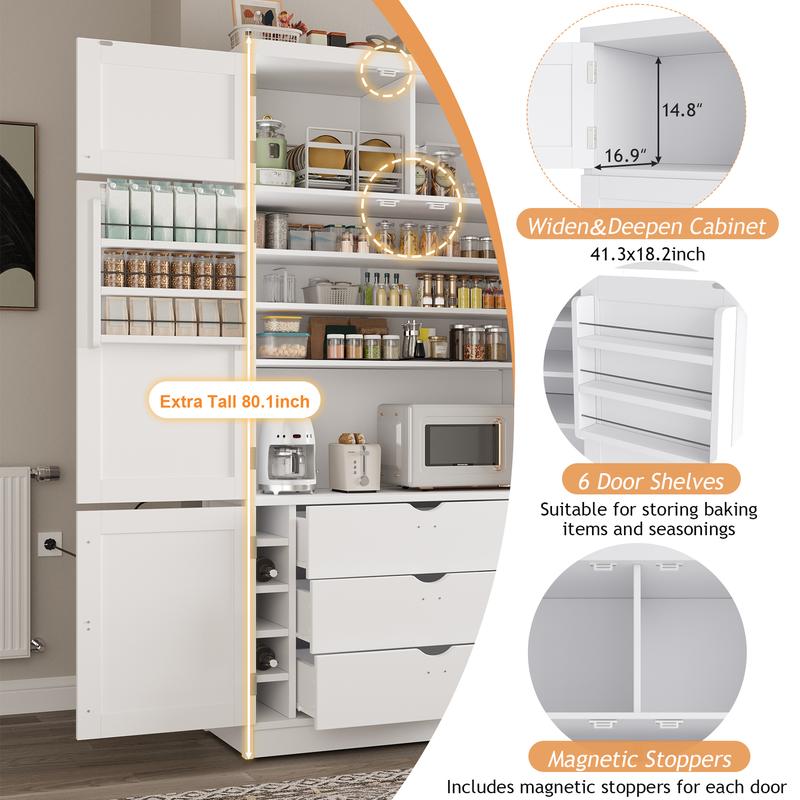 80" Tall Kitchen Pantry Cabinet with 2 Power Outlets, 41" W Modern Large Freestanding Cupboard with Microwave Stand, Drawers, Adjustable Shelves, Wine Racks & Door-Shelf for Dinner Room, White