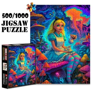 1pc 1000 piece adult puzzle 70x50cm Alice in Wonderland - Fantasy Girl with Cheshire Cat and Mushrooms 500 pieces of paper jigsaw puzzle, suitable for adults and families, large-scale DIY puzzle