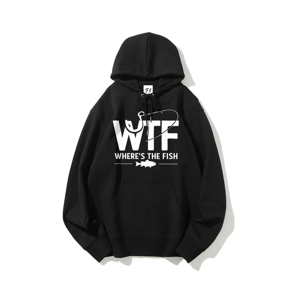 Men's Funny 'WTF Where's The Fish' Graphic Hoodie Sweatshirt, Casual 100% Cotton Pullover, Heavyweight Outdoor Apparel Gift for Anglers, Hoodie Sweatshirts