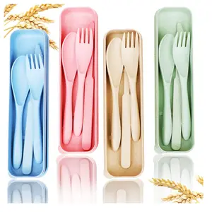 Reusable Travel Utensils Set with Case – 4 Pack Wheat Straw Knife, Fork & Spoon Cutlery, BPA Free Portable Tableware for Kids & Adults (Green, Beige, Pink, Blue)