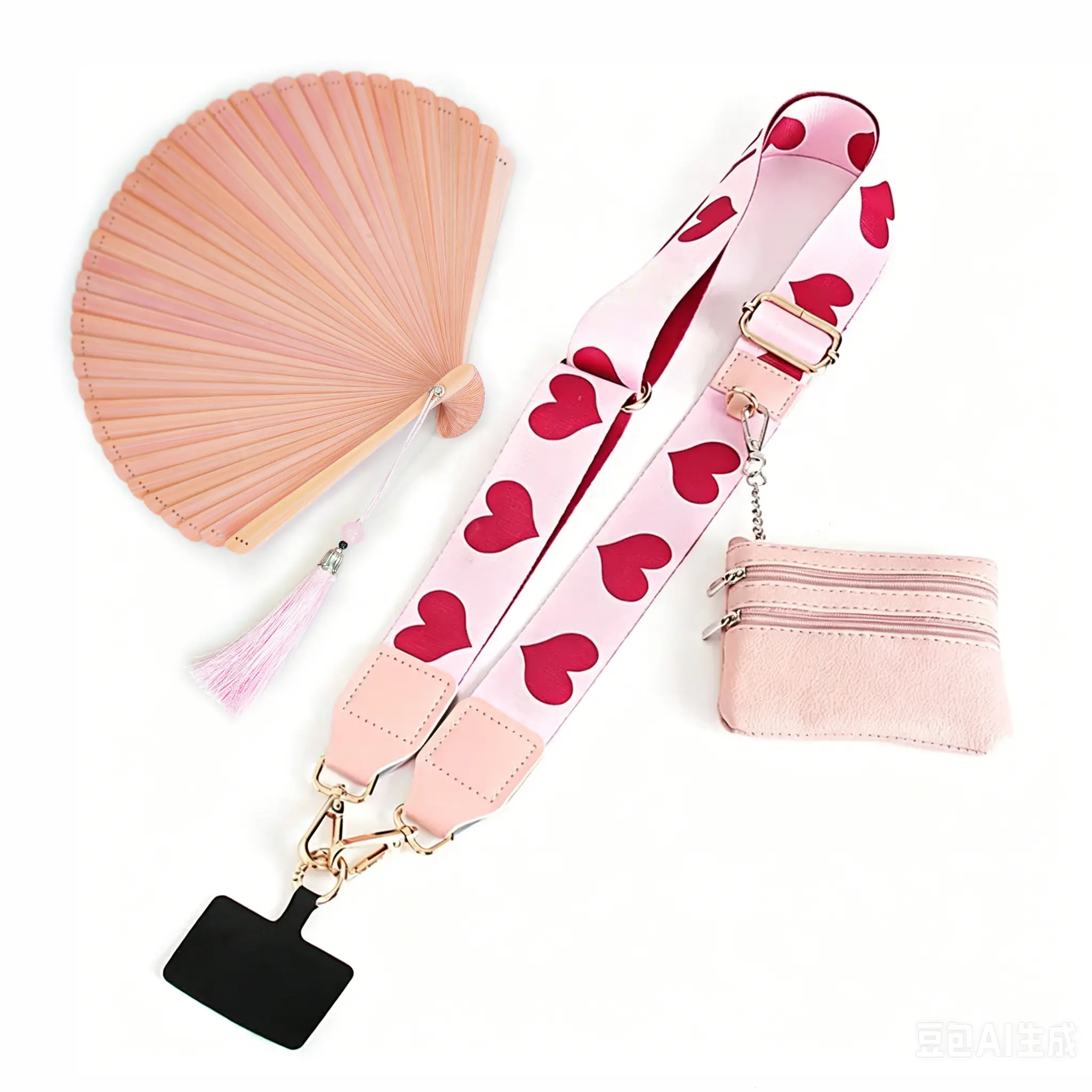 4-in-1 Clip and Go Crossbody Phone Strap Set with Zipper Pouch Wallet & Pink Bamboo Fan | Adjustable Hands-Free Anti-Theft Mobile Lanyard with Free Patch | Universal Theme Park, Summer Festival Travel Essentials, Cute Pink Heart Edition Coin Purse Bag
