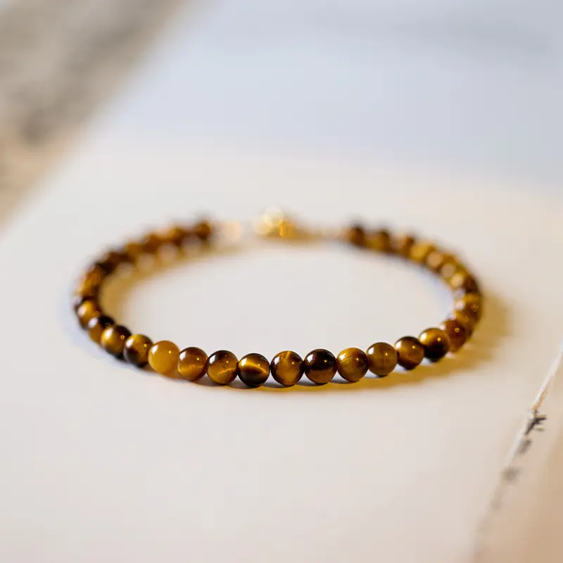 Natural Dainty Tiger Eye 4mm Beads Brown Crystal Healing Charka Crystal Gold-Plated Chain Minimalist Bracelet Gift for Women