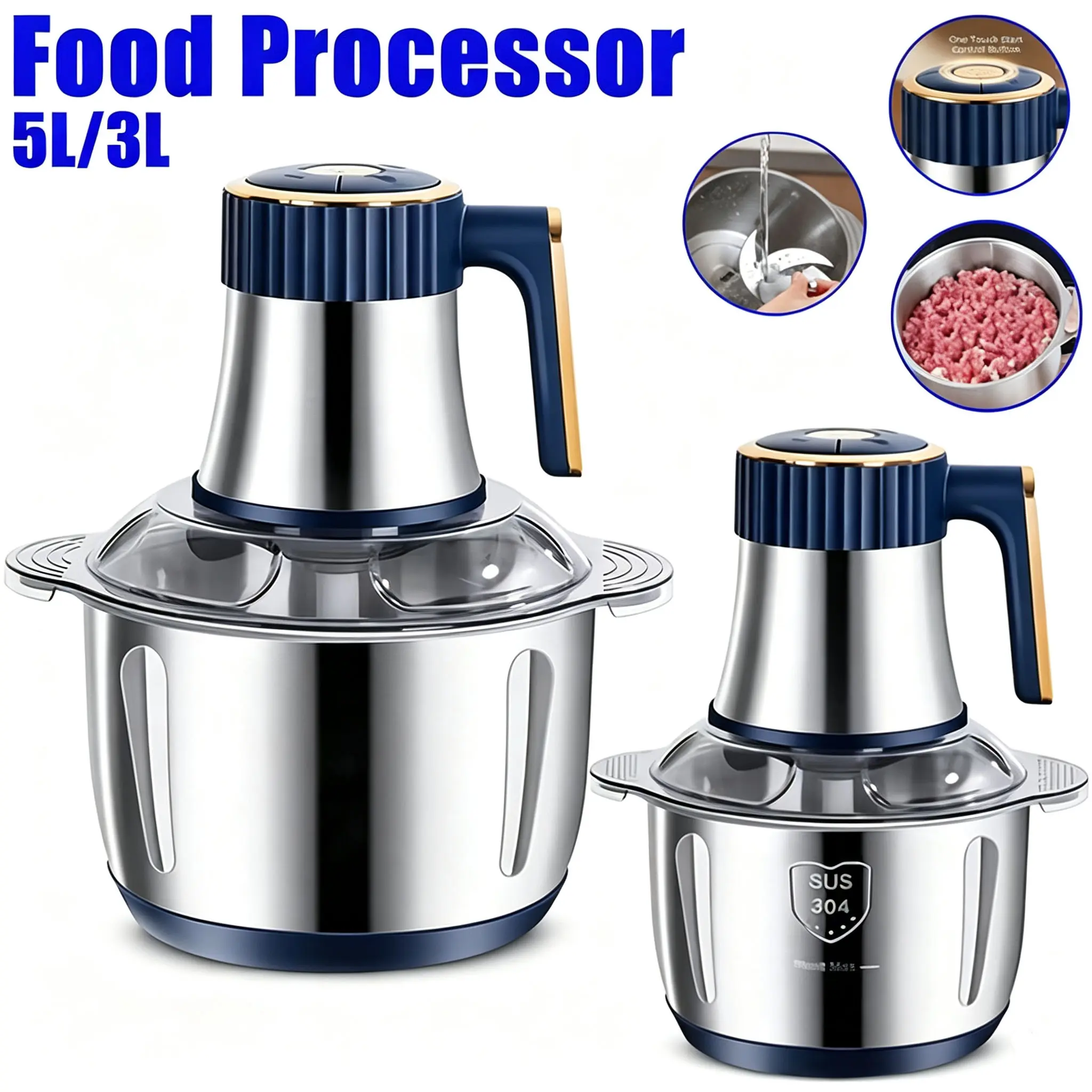 Stainless Steel Electric Food Chopper (3L/5L) - Multifunctional Meat Grinder, Vegetable Chopper for Camping Home Kitchen Food Processing & Mincing
