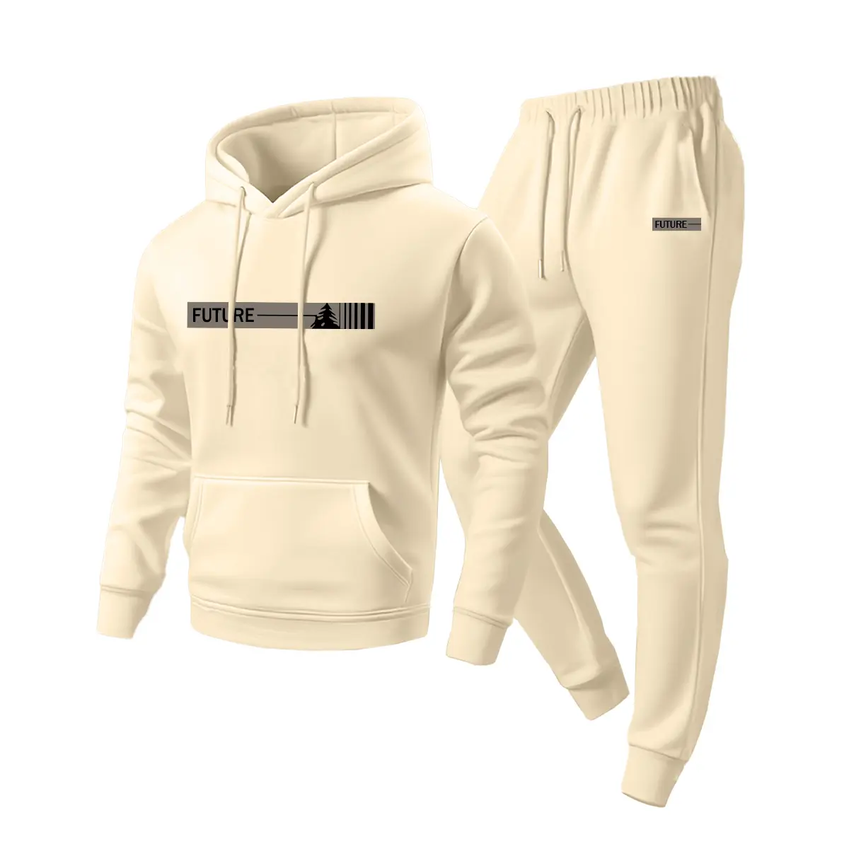 Men's 2-Piece Casual Tracksuit - Stylish Printed Tree Long Sleeve Hoodie & Matching Drawstring Pants, Preppy Classic Basic Fitted Cut Athletic Polyester, Spring & Autumn Everyday Wear, Machine Washable, Normal Type, Cold Wash