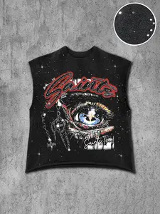 Men's Summer Rivet Decorated Loose Sleeveless Vest, Saints & Tears Eye Print Tank Top, Streetwear Hip Hop Fashion, Perfect Gift