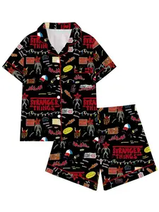 Stranger Things Sleepwear Set Two-Piece Lapel Button Top and Shorts, Women's Casual Home Wear, Comfortable Party