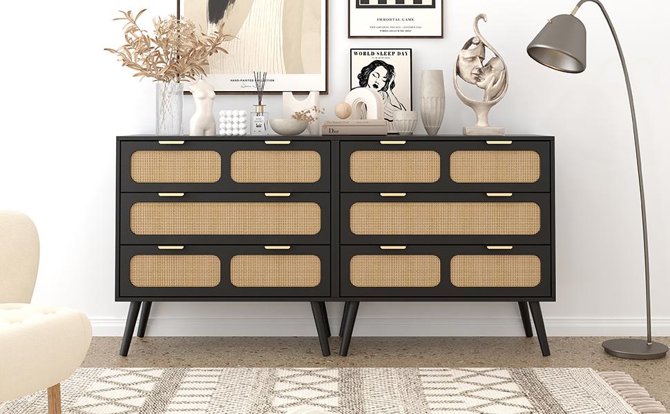 Giratree 3 Drawer Dresser, Modern Rattan Dresser Chest with Wide Drawers and Metal Handles, Farmhouse Wood Storage Chest of Drawers for Bedroom, Living Room, Hallway, Entryway