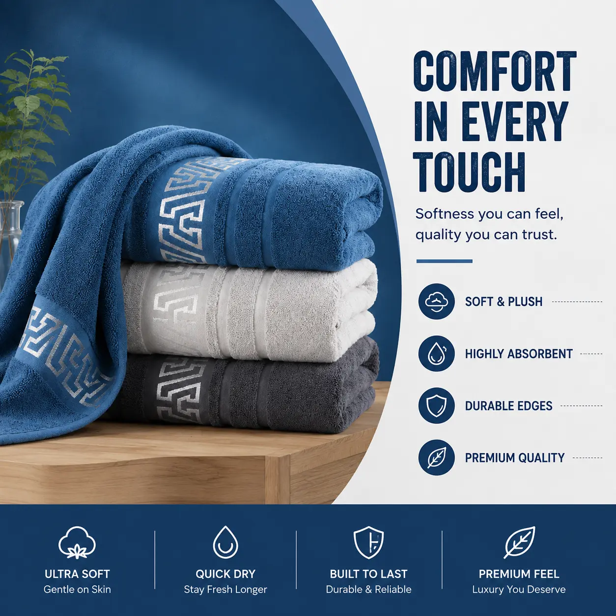 3-Piece Decorative Bath Towel Set, Soft Absorbent Quick-Drying with Textured Plush Surface & Retro Geometric Stripe Detail, Blue Gray White for Shower, Spa, Travel