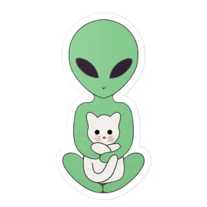 Space Cat Sticker | Alien Holding White Kitten Vinyl Decal | Waterproof Laptop Water Bottle Sticker | Kawaii Gift