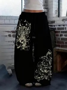 Women Streetwear Graphic Pants, Casual Fitted Adjustable Drawstring Design, Elastic Waist Natural Waistband, All-Season Fashion