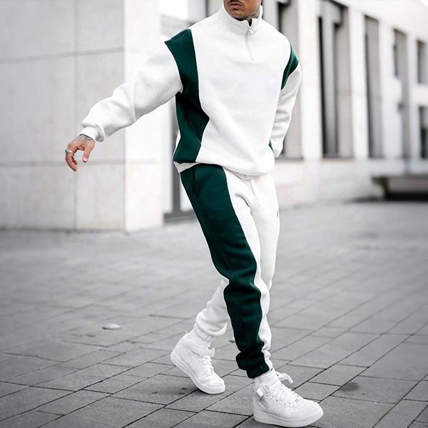 Men's Colorblock Drop Shoulder Stand Collar Sweatshirt & Drawstring Waist Pocket Sweatpants Two-piece Set, Regular Fit Casual Fashion Cozy Breathable Two Piece Outfits for Daily Outdoor Wear, Men Clothes for Fall & Winter
