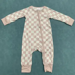 Khaki checkered toddle baby boy long sleeve zip romper