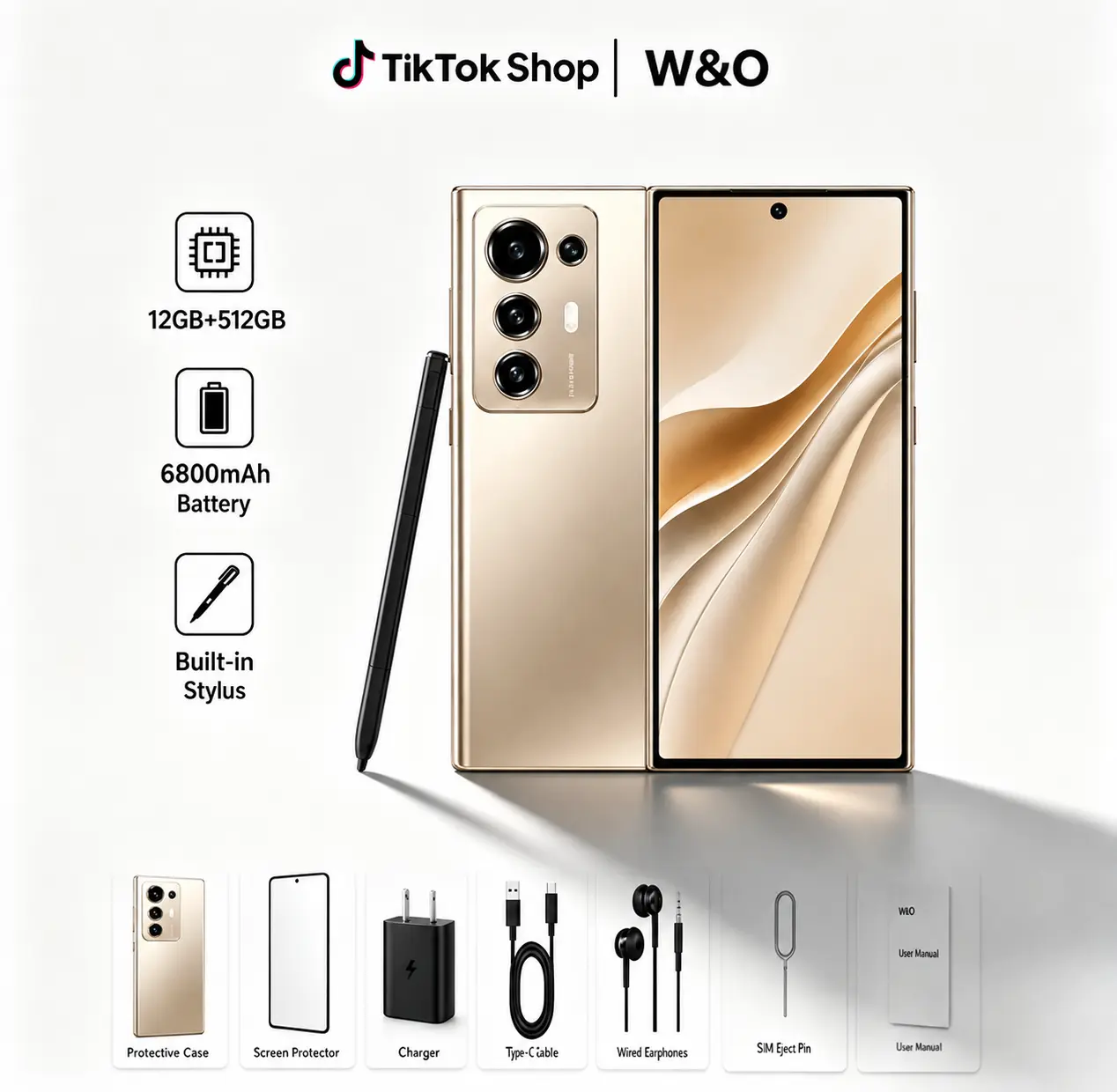 W&O Android 14 Unlocked Smartphone, 6.8" HD+ Screen, Built-in Stylus, 12GB RAM + 512GB ROM, 6800mAh Battery, 50MP AI Camera, Octa-Core, Dual SIM Dual Standby, Face & Fingerprint Unlock, Fast Charging, Streaming & Gaming