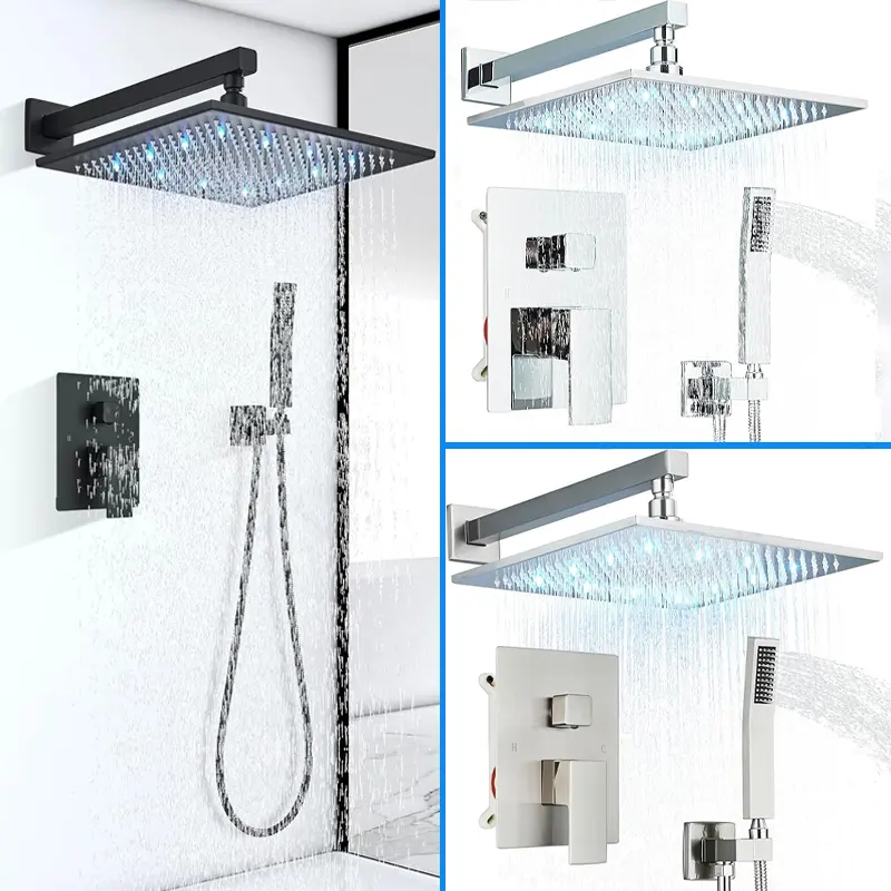 LED Shower Faucet Set, Rainfall Shower System with Mixing Valve, Wall Mounted 2-Functions Bathroom Shower Systems with High Pressure Shower and Handheld Sprayer Shower Trim Included, 12/16 INCH 2 sizes, Matte Black/Brushed Nickel/Polished Chrome to Choose