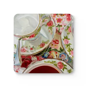 Vintage Floral Tea Set Cork Coaster — 4-Pack Decorative Drink Coasters